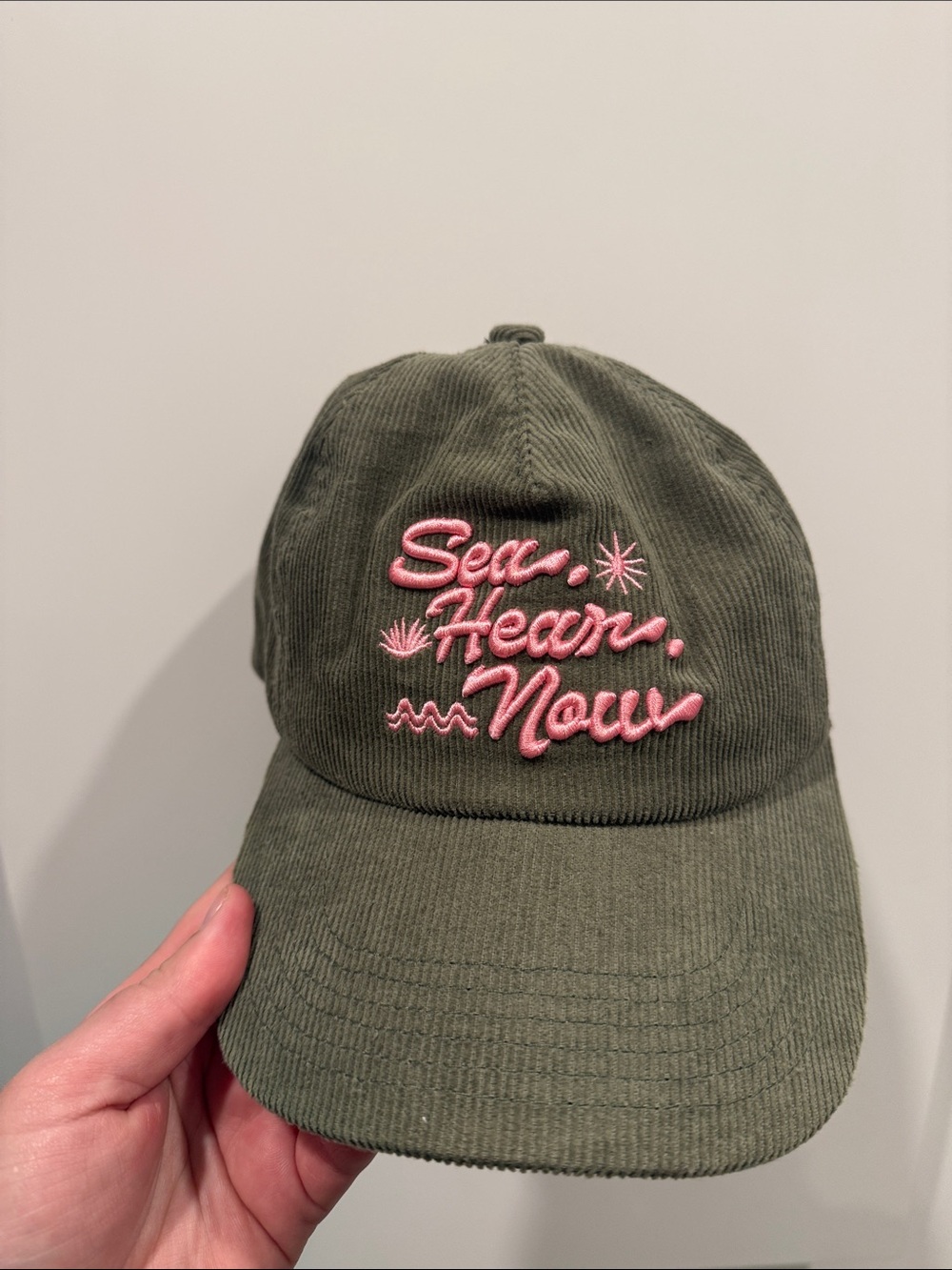 Olive Corduroy Cap with Pink Embroidered Script